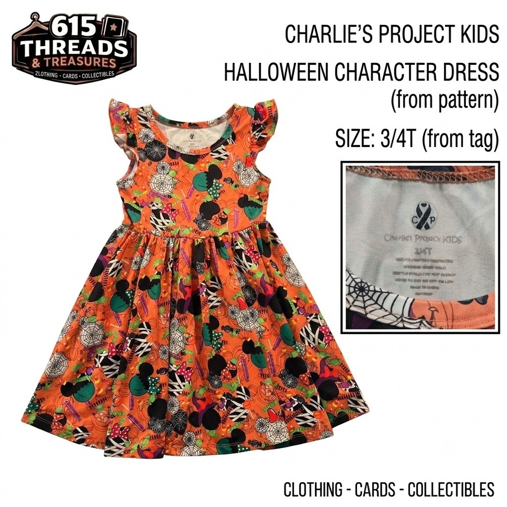 Charlies Project KIDS Halloween Dress 3 4T Orange Flutter Sleeve Spooky Mouse